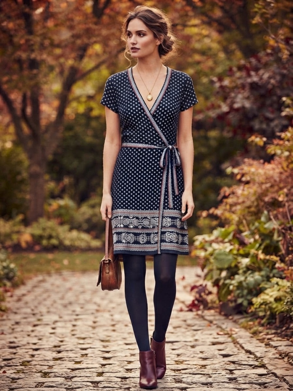 Max Studio Navy Blue & Red Polka Dot Casual Wrap Dress with Border Print Size S